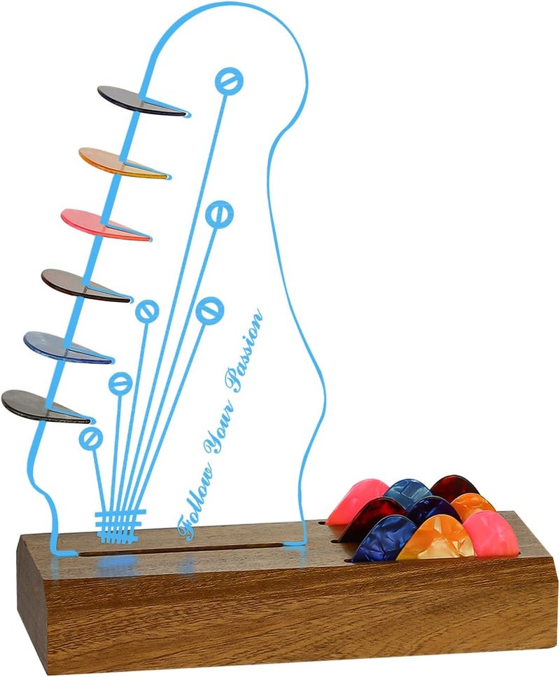 VGJ Light Up Guitar Pick Holder, Acrylic 3D LED Guitar Pick Lamp 7-Color Wooden Base Guitar Pick Storage Rack,For Picks Storage And Display,A Christmas Birthday Gift For Music Lovers And Guitarists - Image 1